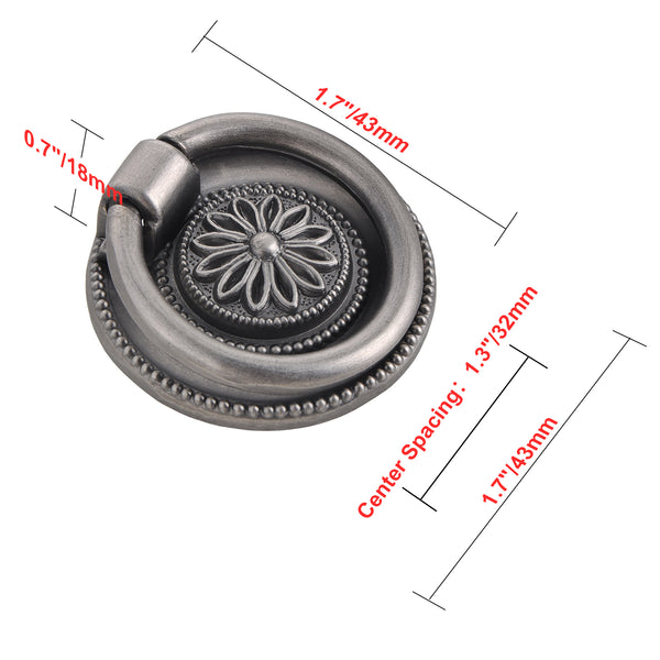 Loft97 HW279PLPT011 Medici Cabinet Ring Pull Knob - Decorative Cabinet Drop Pull Knobs for Cabinets and Drawers - Vintage Cabinet Hardware with Hand Finished Pewter  - Metal Drawer Pull Knobs 1 5/8"