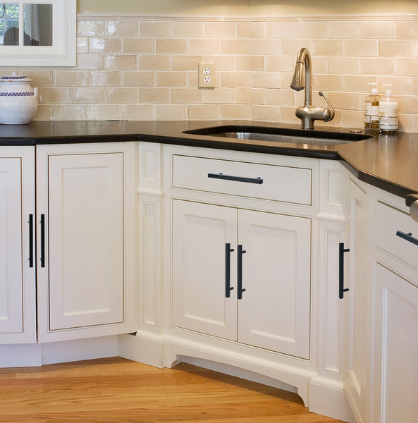 Loft97 HW435-438XX Oslo Pull Handle - Decorative Cabinet Drop Pull Handles for Cabinets and Drawers - Vintage Cabinet Hardware with Hand Finished Brushed Nickel / Matt Black - Metal Drawer Pull Handle, 3.75/5.0" center to center