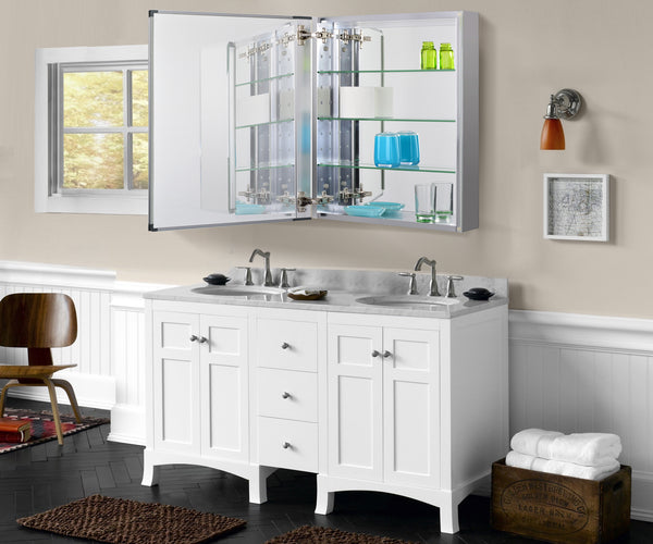 Loft97 MC2AL Frameless Rustproof Medicine Cabinet - Surface Mount or Recessed Medicine Cabinet with Mirrored Sides - Bathroom & Vanity Organizer Cabinet with Mirror & Storage Shelves - 24"x30" Silver
