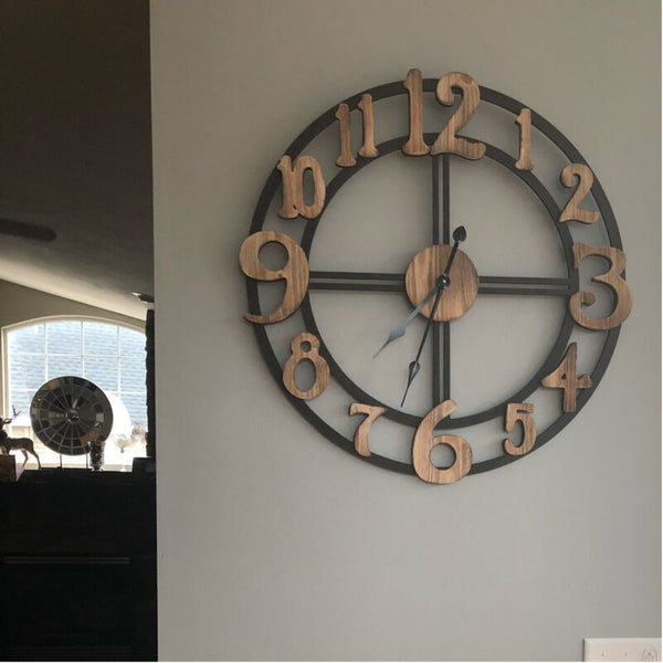 Loft97 CL34BK Oversize Roman Round Wall Clock, 28" Diameter, Multi-Tone Wood Finish