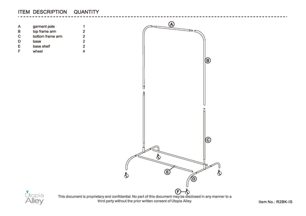 Loft97 R2BK 37.5"W Metal Single Bar Garment rack, Chrome/Black