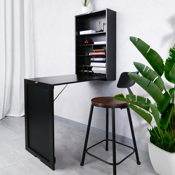 Loft97 SH0002CH201 Collapsible Fold Down Desk Table with Storage Cabinet & Shelves - Wall Mounted Desk Furniture with Chalkboard Wall - Computer Desk With Storage for Small Spaces - Espresso/Chocolate