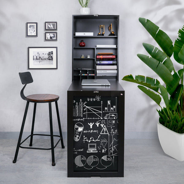 Loft97 SH0002CH201 Collapsible Fold Down Desk Table with Storage Cabinet & Shelves - Wall Mounted Desk Furniture with Chalkboard Wall - Computer Desk With Storage for Small Spaces - Espresso/Chocolate