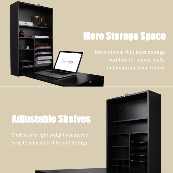 Loft97 SH0002CH201 Collapsible Fold Down Desk Table with Storage Cabinet & Shelves - Wall Mounted Desk Furniture with Chalkboard Wall - Computer Desk With Storage for Small Spaces - Espresso/Chocolate