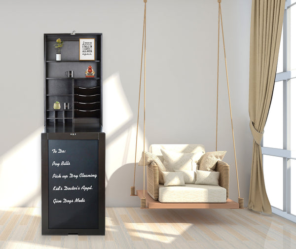 Loft97 SH0002CH201 Collapsible Fold Down Desk Table with Storage Cabinet & Shelves - Wall Mounted Desk Furniture with Chalkboard Wall - Computer Desk With Storage for Small Spaces - Espresso/Chocolate