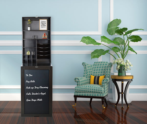 Loft97 SH0002CH201 Collapsible Fold Down Desk Table with Storage Cabinet & Shelves - Wall Mounted Desk Furniture with Chalkboard Wall - Computer Desk With Storage for Small Spaces - Espresso/Chocolate