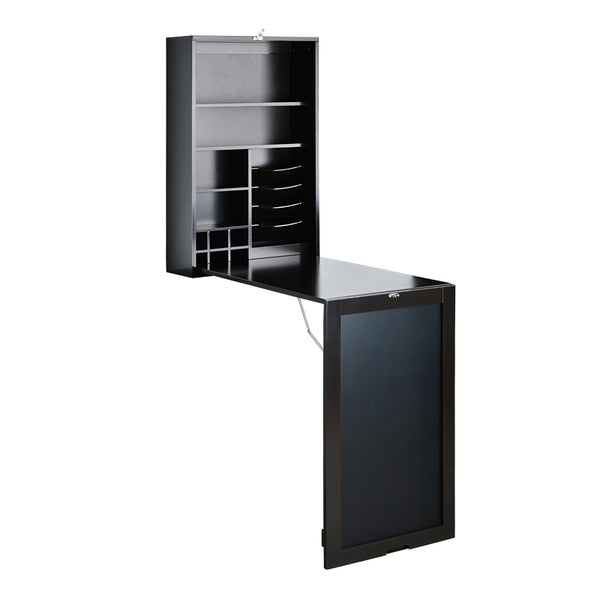 Loft97 SH0002CH201 Collapsible Fold Down Desk Table with Storage Cabinet & Shelves - Wall Mounted Desk Furniture with Chalkboard Wall - Computer Desk With Storage for Small Spaces - Espresso/Chocolate