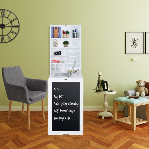 Loft97 SH3WW Collapsible Fold Down Desk Table with Storage Cabinet & Bottom Shelves - Convertible Foldable Desk Furniture with Chalkboard Wall - Computer Desk With Storage for Small Spaces - White