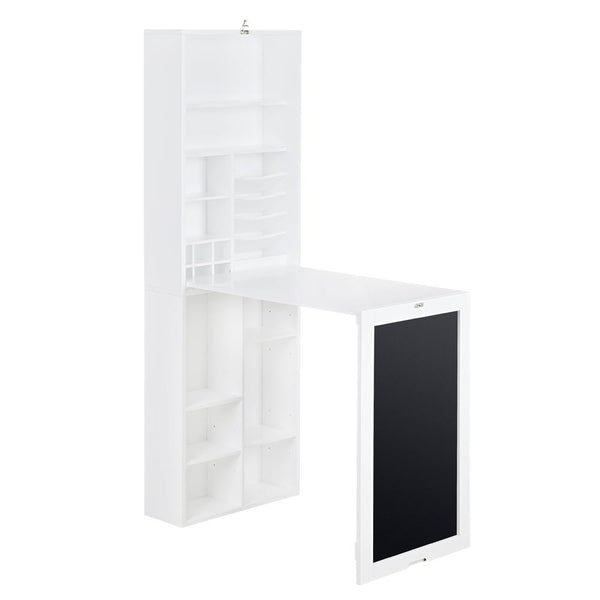 Loft97 SH3WW Collapsible Fold Down Desk Table with Storage Cabinet & Bottom Shelves - Convertible Foldable Desk Furniture with Chalkboard Wall - Computer Desk With Storage for Small Spaces - White