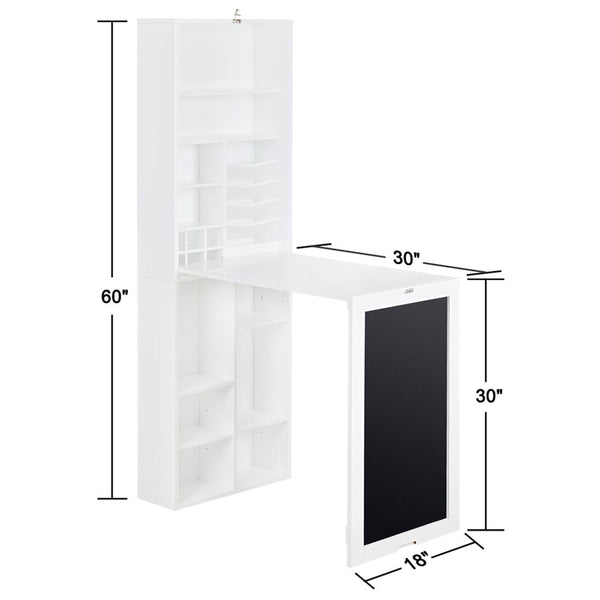 Loft97 SH3WW Collapsible Fold Down Desk Table with Storage Cabinet & Bottom Shelves - Convertible Foldable Desk Furniture with Chalkboard Wall - Computer Desk With Storage for Small Spaces - White