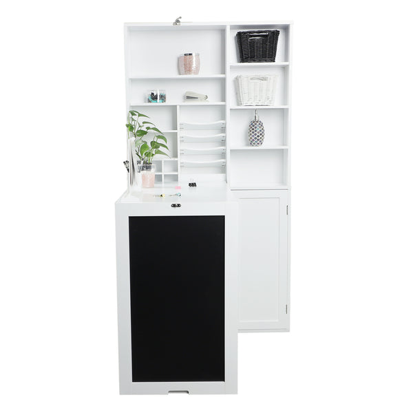 Loft97 SH4WW Collapsible Fold Down Desk Table with Large Storage Cabinet  & Bottom Shelves - Convertible Foldable Desk Furniture with Chalkboard Wall - Computer Desk with Storage for Small Spaces - White