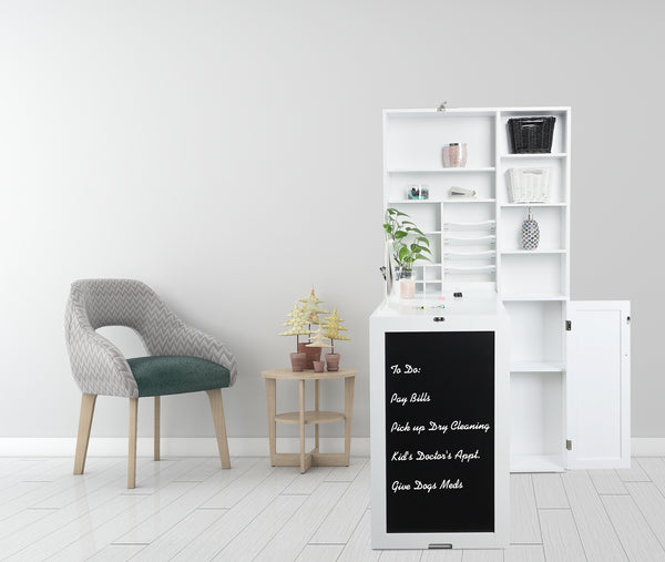 Loft97 SH4WW Collapsible Fold Down Desk Table with Large Storage Cabinet  & Bottom Shelves - Convertible Foldable Desk Furniture with Chalkboard Wall - Computer Desk with Storage for Small Spaces - White