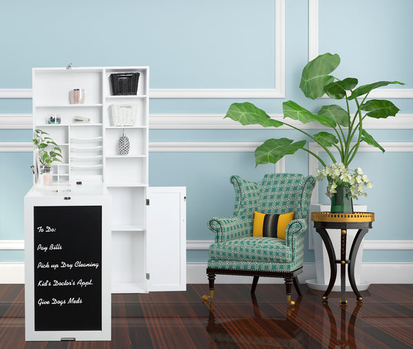 Loft97 SH4WW Collapsible Fold Down Desk Table with Large Storage Cabinet  & Bottom Shelves - Convertible Foldable Desk Furniture with Chalkboard Wall - Computer Desk with Storage for Small Spaces - White