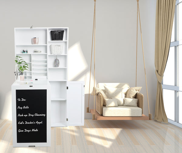Loft97 SH4WW Collapsible Fold Down Desk Table with Large Storage Cabinet  & Bottom Shelves - Convertible Foldable Desk Furniture with Chalkboard Wall - Computer Desk with Storage for Small Spaces - White