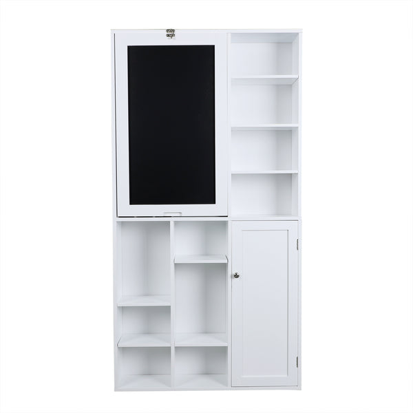 Loft97 SH4WW Collapsible Fold Down Desk Table with Large Storage Cabinet  & Bottom Shelves - Convertible Foldable Desk Furniture with Chalkboard Wall - Computer Desk with Storage for Small Spaces - White