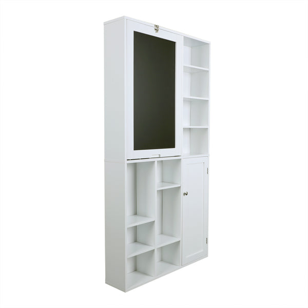 Loft97 SH4WW Collapsible Fold Down Desk Table with Large Storage Cabinet  & Bottom Shelves - Convertible Foldable Desk Furniture with Chalkboard Wall - Computer Desk with Storage for Small Spaces - White