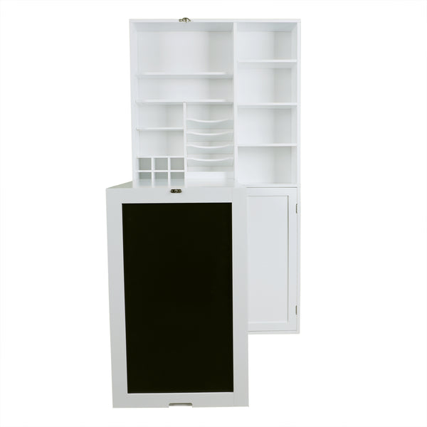Loft97 SH4WW Collapsible Fold Down Desk Table with Large Storage Cabinet  & Bottom Shelves - Convertible Foldable Desk Furniture with Chalkboard Wall - Computer Desk with Storage for Small Spaces - White