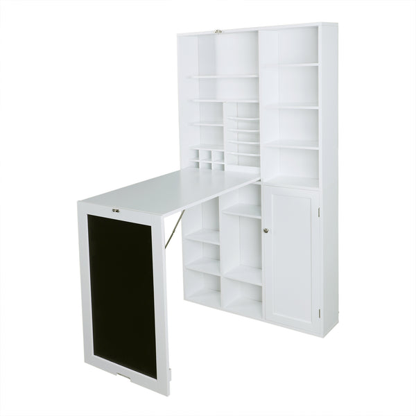 Loft97 SH4WW Collapsible Fold Down Desk Table with Large Storage Cabinet  & Bottom Shelves - Convertible Foldable Desk Furniture with Chalkboard Wall - Computer Desk with Storage for Small Spaces - White