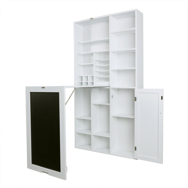Loft97 SH4WW Collapsible Fold Down Desk Table with Large Storage Cabinet  & Bottom Shelves - Convertible Foldable Desk Furniture with Chalkboard Wall - Computer Desk with Storage for Small Spaces - White
