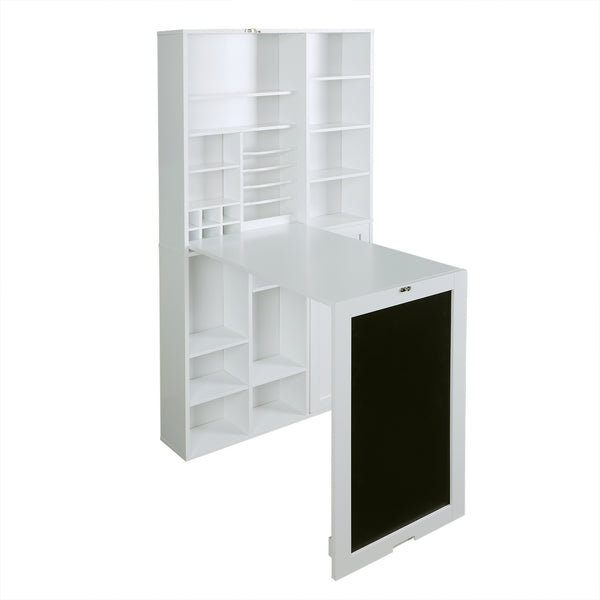 Loft97 SH4WW Collapsible Fold Down Desk Table with Large Storage Cabinet  & Bottom Shelves - Convertible Foldable Desk Furniture with Chalkboard Wall - Computer Desk with Storage for Small Spaces - White