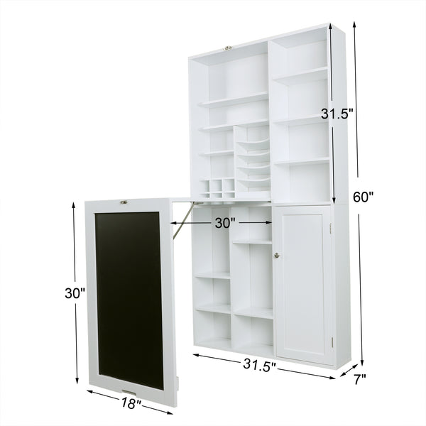 Loft97 SH4WW Collapsible Fold Down Desk Table with Large Storage Cabinet  & Bottom Shelves - Convertible Foldable Desk Furniture with Chalkboard Wall - Computer Desk with Storage for Small Spaces - White