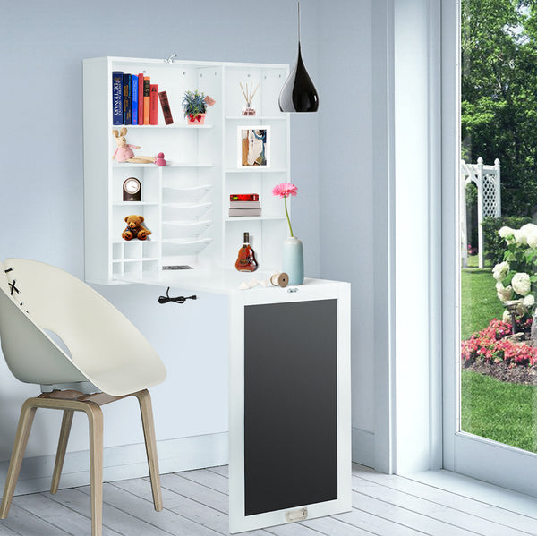 Loft97 SH71WWE Collapsible Fold Down Desk Table with Storage Cabinet & Shelves - Wall Mounted Desk Furniture with Chalkboard Wall - Computer Desk Storage with USB Charging Ports & Outlets - White