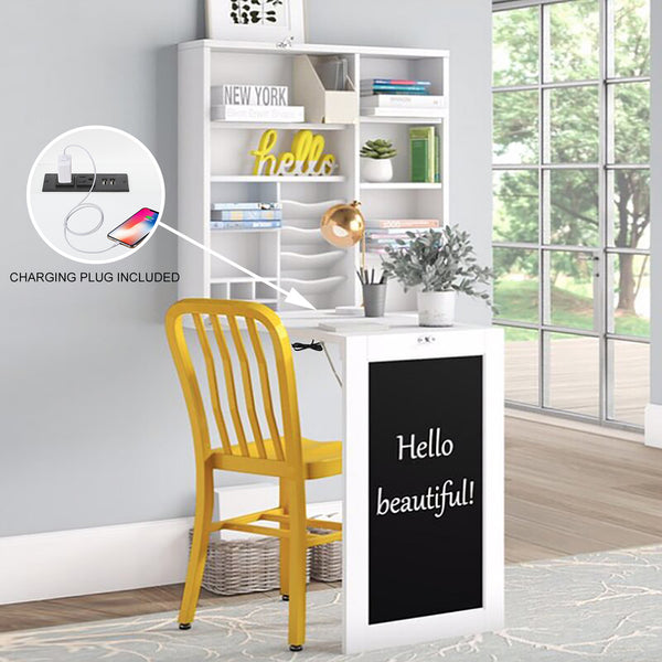 Loft97 SH71WWE Collapsible Fold Down Desk Table with Storage Cabinet & Shelves - Wall Mounted Desk Furniture with Chalkboard Wall - Computer Desk Storage with USB Charging Ports & Outlets - White