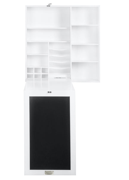 Loft97 SH71WWE Collapsible Fold Down Desk Table with Storage Cabinet & Shelves - Wall Mounted Desk Furniture with Chalkboard Wall - Computer Desk Storage with USB Charging Ports & Outlets - White