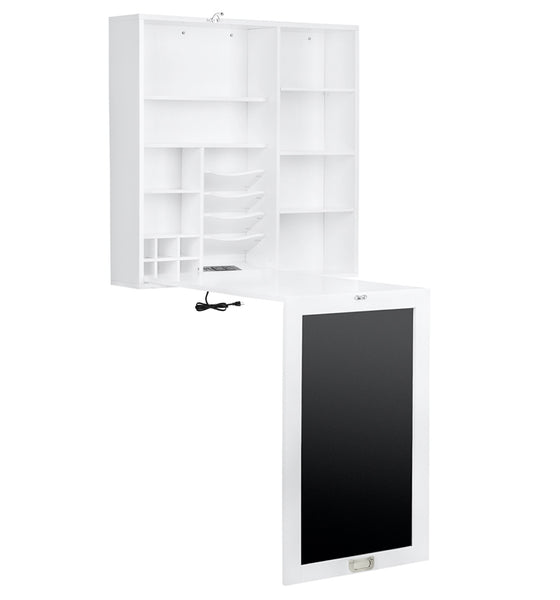 Loft97 SH71WWE Collapsible Fold Down Desk Table with Storage Cabinet & Shelves - Wall Mounted Desk Furniture with Chalkboard Wall - Computer Desk Storage with USB Charging Ports & Outlets - White