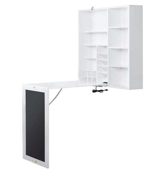 Loft97 SH71WWE Collapsible Fold Down Desk Table with Storage Cabinet & Shelves - Wall Mounted Desk Furniture with Chalkboard Wall - Computer Desk Storage with USB Charging Ports & Outlets - White