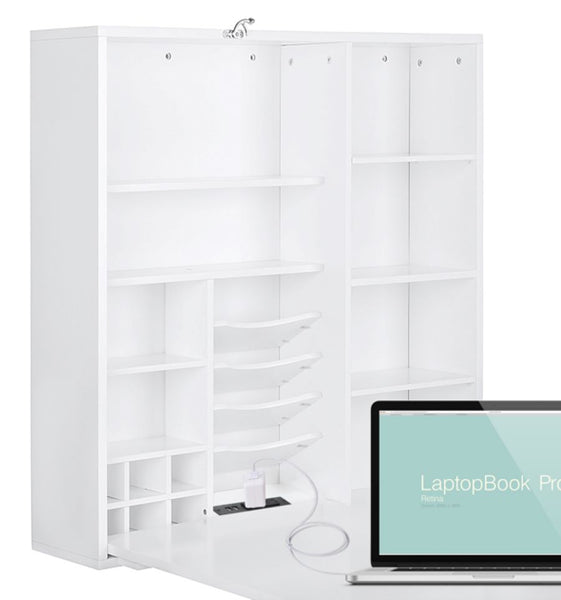 Loft97 SH71WWE Collapsible Fold Down Desk Table with Storage Cabinet & Shelves - Wall Mounted Desk Furniture with Chalkboard Wall - Computer Desk Storage with USB Charging Ports & Outlets - White