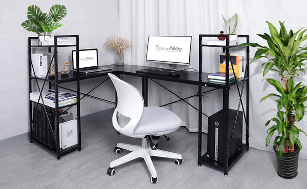 Loft97 SH73/74XX Computer Desk with Shelves - 47-inch Metal Desk with 4-Tier Storage Bookshelves - Functional Desk with Storage, Study Table Desk, Craft Desk, Student Desk, Corner Computer Desk