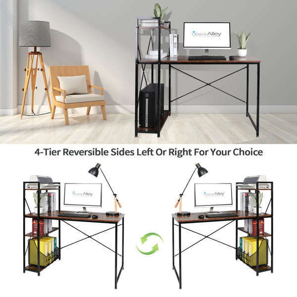 Loft97 SH73/74XX Computer Desk with Shelves - 47-inch Metal Desk with 4-Tier Storage Bookshelves - Functional Desk with Storage, Study Table Desk, Craft Desk, Student Desk, Corner Computer Desk