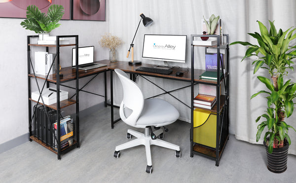Loft97 SH73/74XX Computer Desk with Shelves - 47-inch Metal Desk with 4-Tier Storage Bookshelves - Functional Desk with Storage, Study Table Desk, Craft Desk, Student Desk, Corner Computer Desk