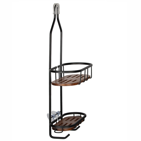 Loft97 SHC5XX Tia Rustproof Teak Overhead Shower Caddy with 2 Shelves - Decorative Shower Rack for Shampoo & Toiletries Storage, Hanging Shower Head Organizer for Bathroom Accessories & Guest Bathrooms