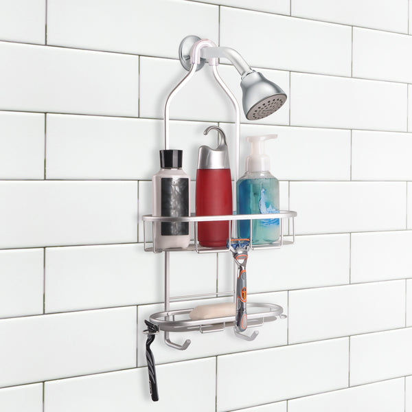 Loft97 SHC3XX Rustproof Aluminum Shower Caddy for Shower Heads - Hanging Shower Caddy Organizer with 2 Shelves & Hooks, Overhead Shower Caddy for Bathroom & Home, Handheld Shower Head, Tall Bottle Rack