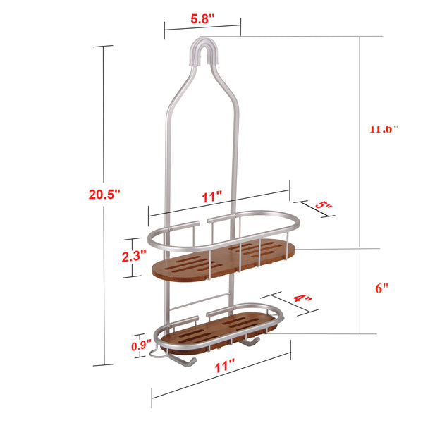 Loft97 SHC5XX Tia Rustproof Teak Overhead Shower Caddy with 2 Shelves - Decorative Shower Rack for Shampoo & Toiletries Storage, Hanging Shower Head Organizer for Bathroom Accessories & Guest Bathrooms