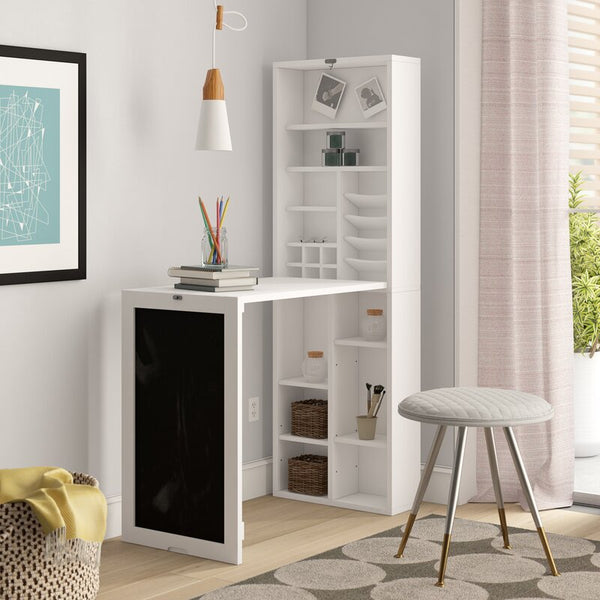 Loft97 SH3WW Collapsible Fold Down Desk Table with Storage Cabinet & Bottom Shelves - Convertible Foldable Desk Furniture with Chalkboard Wall - Computer Desk With Storage for Small Spaces - White