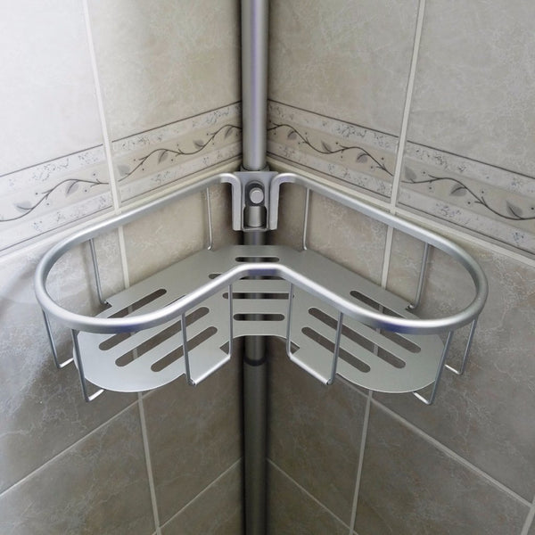 Loft97 PC3XX Flat Shelf Tension Rod Shower Organizer - Rustproof Corner Shower Caddy with 4 Adjustable Shelves - Stand Up Shower Corner Shelf, Bathtub Corner Rack, Satin Chrome & Matte Black