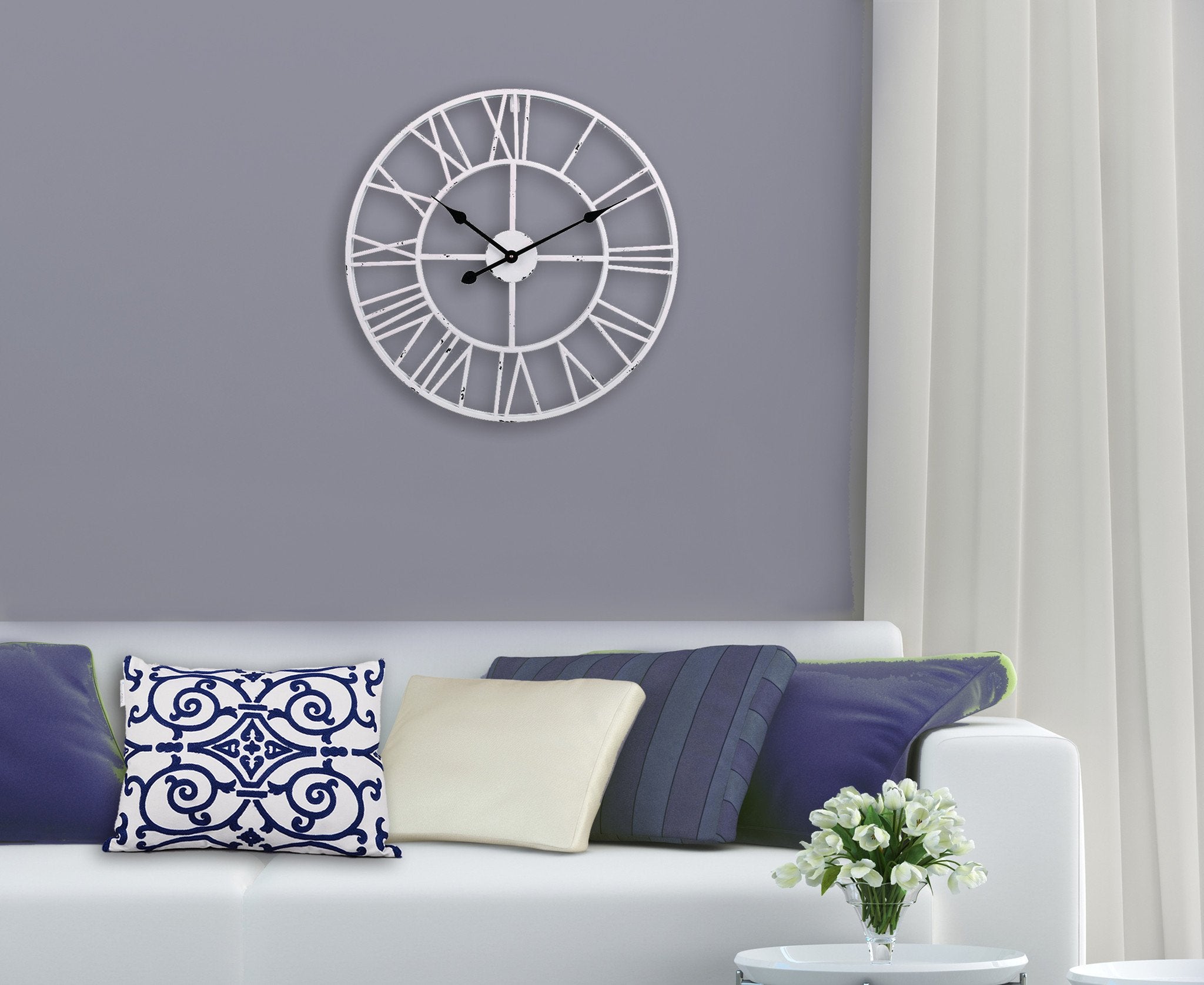 Roman Round Wall Clock, Distressed Finish, Antique White, 24