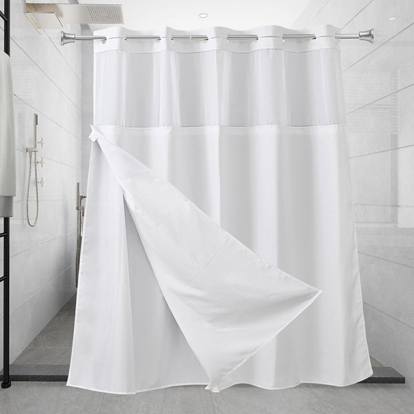 Loft97 BL6WW No Hooks Required Waffle Weave Shower Curtain with Snap in Liner - 71"W x 74"H, White