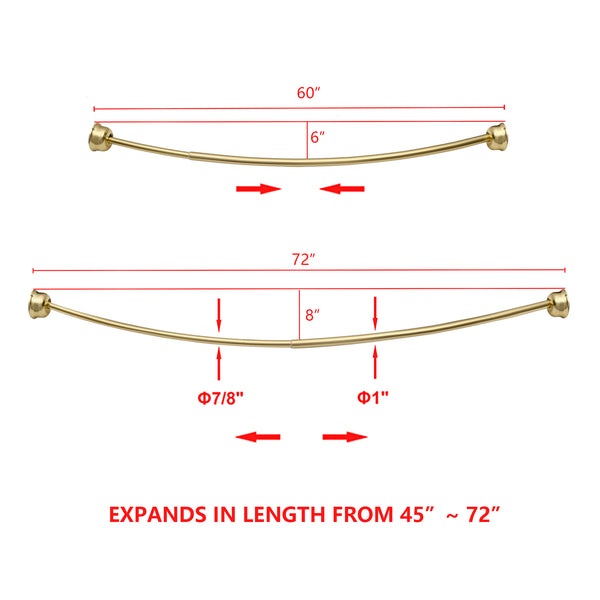 Loft97 CR2XX Aluminum Rustproof Fixed Mount Single Curved Shower Rod, adjustable from 45" to 72" Wide