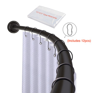 Loft97 CR9XX Rustproof Wall Mounted Single Curved Shower Rod, Aluminum, adjustable from 45" to 72" Wide, Includes Shower Rings and PEVA Liner