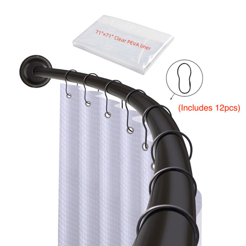 Loft97 CR9XX Rustproof Wall Mounted Single Curved Shower Rod, Aluminum, adjustable from 45" to 72" Wide, Includes Shower Rings and PEVA Liner