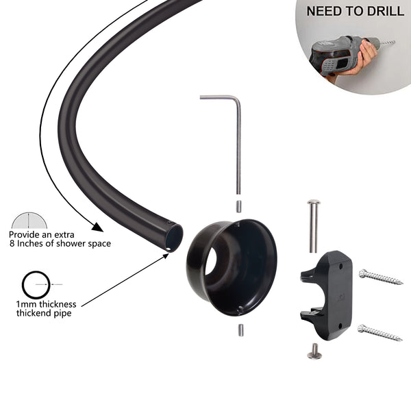Loft97 CR9XX Rustproof Wall Mounted Single Curved Shower Rod, Aluminum, adjustable from 45" to 72" Wide, Includes Shower Rings and PEVA Liner