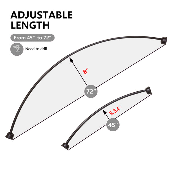 Loft97 CR9XX Rustproof Wall Mounted Single Curved Shower Rod, Aluminum, adjustable from 45" to 72" Wide, Includes Shower Rings and PEVA Liner