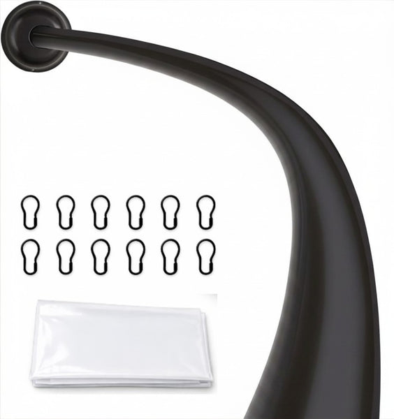 CR9XX Shower Suite by Loft97 - Rustproof Aluminum Curved Shower Curtain Rod Combo Set with Liner & 12 Hooks, Adjustable 45-72 Inch Wall Mount Rod