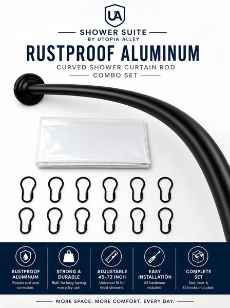 CR9XX Shower Suite by Loft97 - Rustproof Aluminum Curved Shower Curtain Rod Combo Set with Liner & 12 Hooks, Adjustable 45-72 Inch Wall Mount Rod