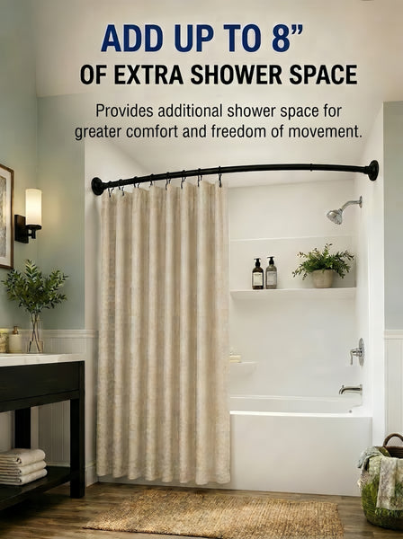 CR9XX Shower Suite by Loft97 - Rustproof Aluminum Curved Shower Curtain Rod Combo Set with Liner & 12 Hooks, Adjustable 45-72 Inch Wall Mount Rod