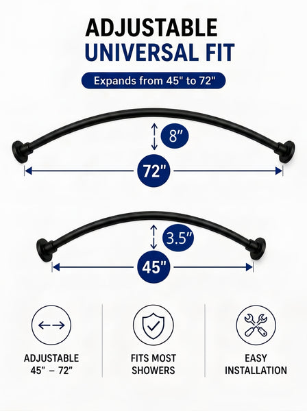 CR9XX Shower Suite by Loft97 - Rustproof Aluminum Curved Shower Curtain Rod Combo Set with Liner & 12 Hooks, Adjustable 45-72 Inch Wall Mount Rod